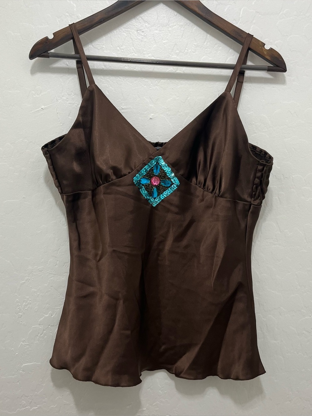 Vtg Y2K One Step Up M Brown Satin Beaded Cami Top